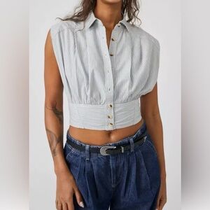We The Free Cassie Collared Top Soft Blue Stripped Size Large New Without Tags